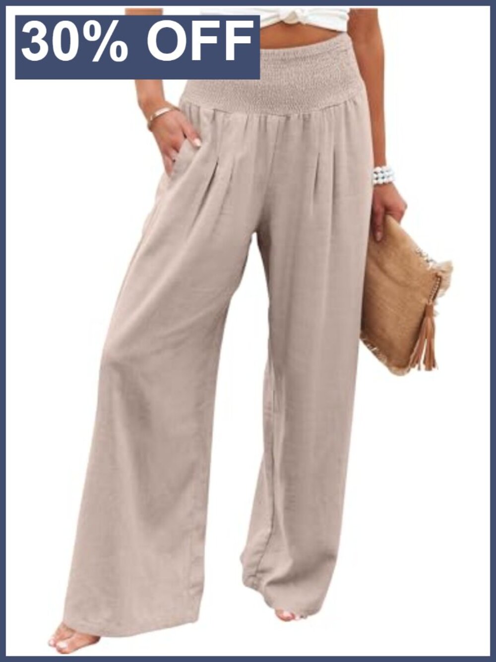 Linen Palazzo Wide Leg Pants with Pockets High Rise Pull On Beach Lounge